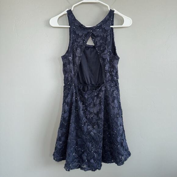 VINTAGE Wet Seal Sequin Lace Mini Dress Womans M Dark Blue Sleeveless Open Back - Picture 2 of 5